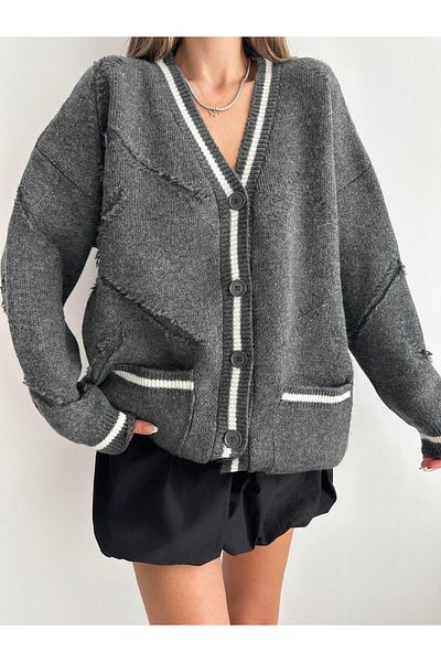 mydukkan.co Smoked Color Double Pocket Cardigan with Embossed Detail