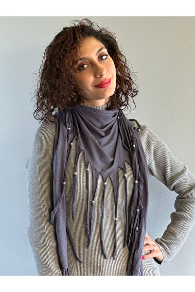 Gönülden Tasarım Silver Color Beaded Smoked Combed Combed Tasseled Women's Scarf Shals 180X55 cm