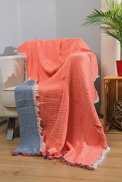 Dotamess Müslin 4 Katlı Koltuk Şalı Tv Battaniyesi 130 X 190 Cm Çift Renk Turuncu Anthrasit