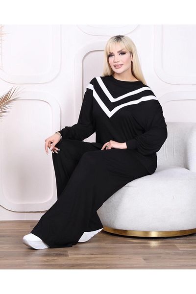Butik Nilyam Дамски анцуг с голям размер на райе с детайлни балонени ръкави 22001 Черен