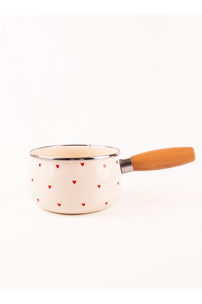 EMAYlab Cupid Wooden Handle Heart Patterned Enameled Sauce Pan 16cm 1.3 Liter (Suitable for All Stove Including Induction)