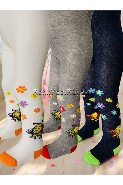RENKYAPI 6 Pieces Girls' Pantyhose, 80% Cotton Pantyhose, Bee Pattern