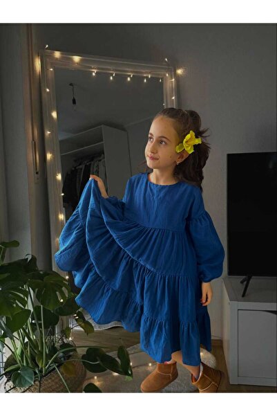 Bebeu kız çocuk ve bebek %100 organik pamuk müslin katlı uzun kollu elbise