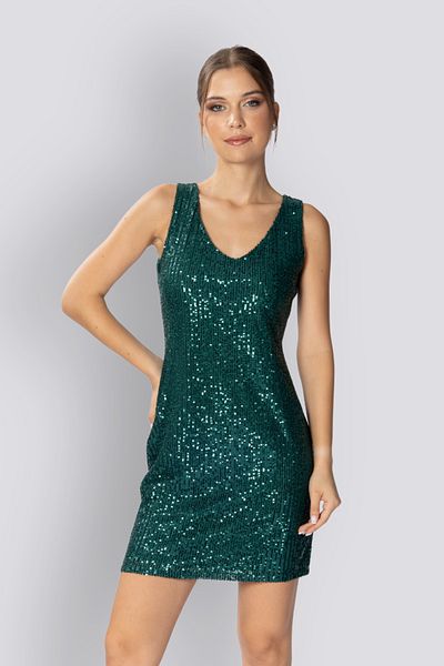 HOX'S Μπέλα |   Emerald Green Mini Slim βραδινό φόρεμα - παγιέτες, χοντρές τιράντες, λαιμόκοψη V, χαμηλή πλάτη, αμάνικο