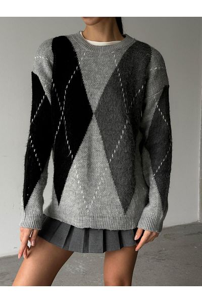 mydukkan.co Diamond Pattern Sweater Grey-Black