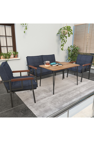 Mygusi Modern Balkon, Bahçe, Cafe - Metal Kanepe Koltuk Takımı - 2 1 1 60x90cm Masalı - Lacivert
