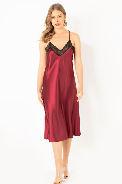 Miorre Lace Detailed Deep Back Low-Cut Slit Satin Nightgown