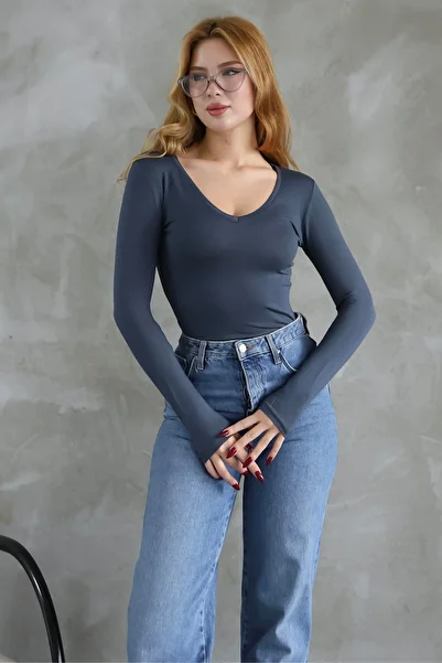 modavingo Women's Anthracite V-Neck Long Sleeve Basic Body