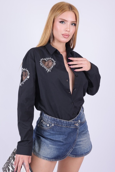 RICH GLAM Heart Crystal Stone Laser Keim Cotton Lycra Стилна дамска риза