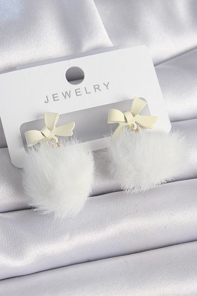 aylex White Color Ribbon Feather Pompom Model Women's Earrings
