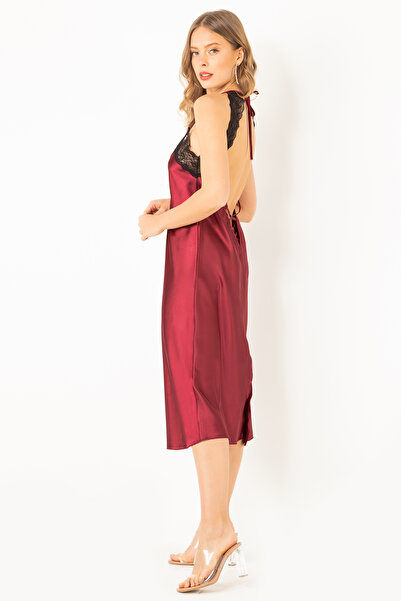 Miorre Lace Detailed Deep Back Low-Cut Slit Satin Nightgown