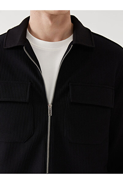 LC Waikiki Μαύρο ανδρικό παλτό με γιακά πουκάμισο εφαρμοστό
