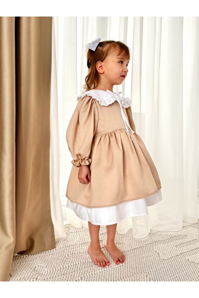 Baby Berry Baby store Kız Bebek Çocuk Bebe Yakalı Fiyonklu Elbise-Bej (Fiyonk Çıkarılabilir)