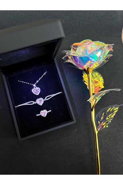 Sepetten Eve Işıklı Kutuda 3 Lü Çelik Kolye Kalpli Yüzük Bileklik Seti Sonsuzluk Gülü 14 Şubat Yılbaşı Hediyesi