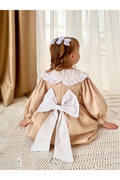 Baby Berry Baby store Kız Bebek Çocuk Bebe Yakalı Fiyonklu Elbise-Bej (Fiyonk Çıkarılabilir)