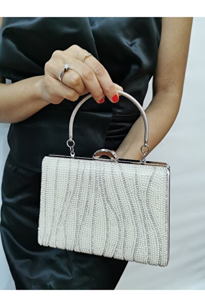 MODA Soave Collection Rochie de seară pentru femei, perlat, lucios, cu lanț, geantă pentru petrecere de noapte de nuntă