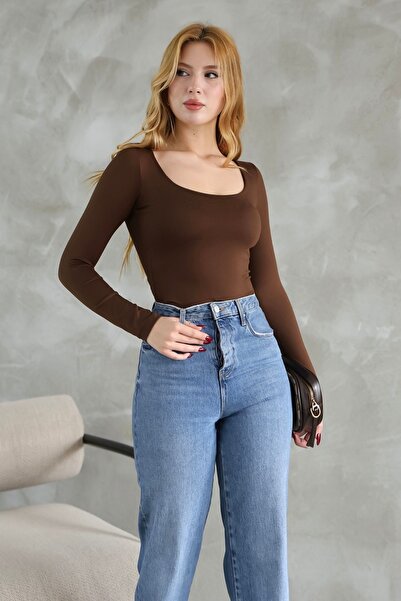 modavingo Дамски кафяв блуза с квадратна яка и двойна пола от полиамид KRY7778