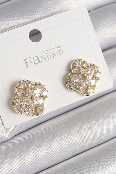 Clariss Brass Gold Color Zircon Stone Clover Model Women's Earrings