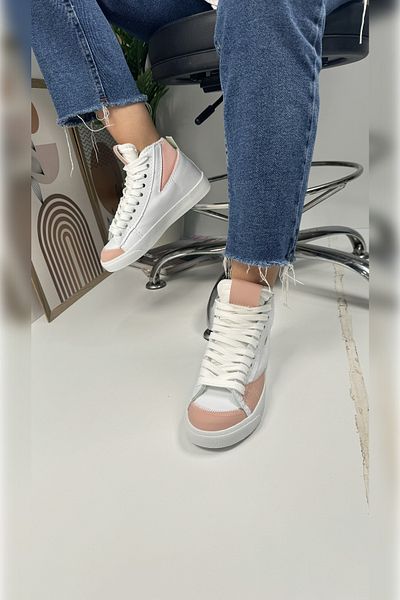 Nstil Tenis alb cu pudră - Coș sport casual pentru femei, talpă cu șireturi și zimțate, detaliu din plasă de căprioară 08