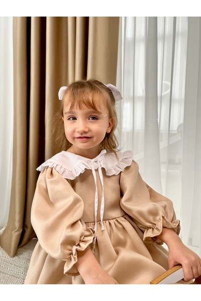 Baby Berry Baby store Kız Bebek Çocuk Bebe Yakalı Fiyonklu Elbise-Bej (Fiyonk Çıkarılabilir)