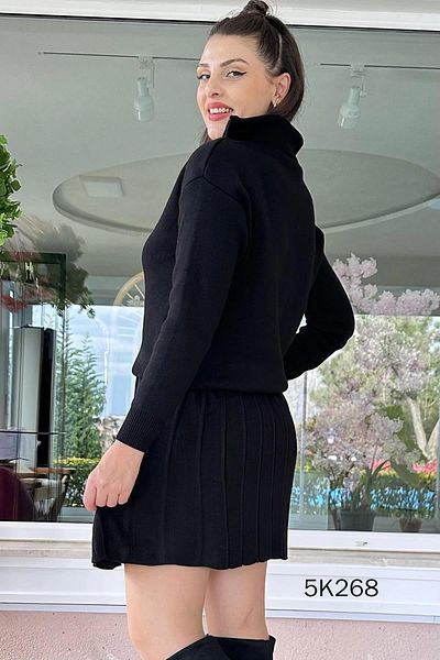 İnce Topuk Stand Collar Skirt Knitwear Set 5K268