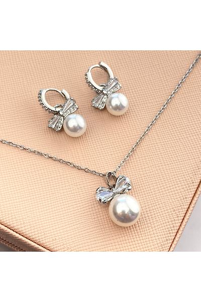Kyver Women's Necklace Earring Set Bow Pearl Necklace Earrings Zircon Stone Silver 45cm