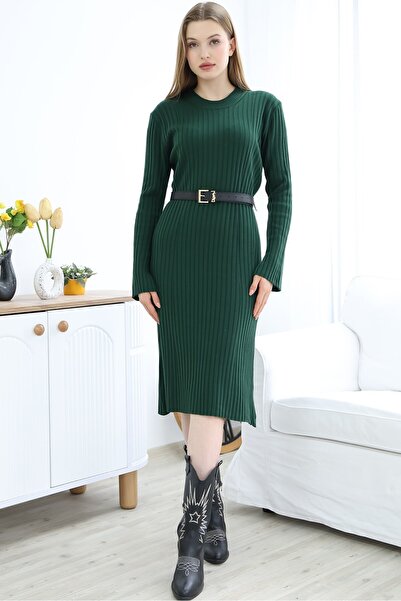 VEGENZE Women's Emerald Green Crew Neck Long Knitwear Dress