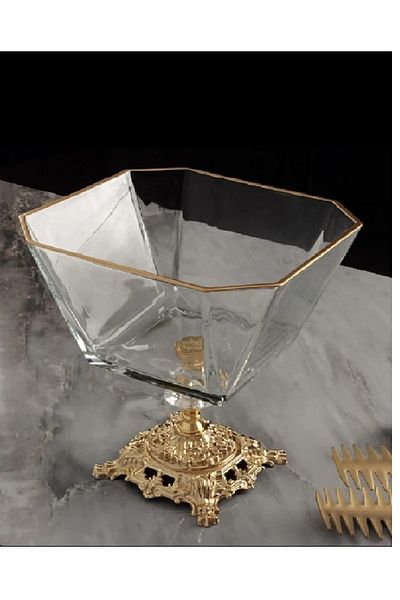 PLT Design Gold Detailed Large Size Glass Salad with Metal Legs - Serving - Presentation Bowl