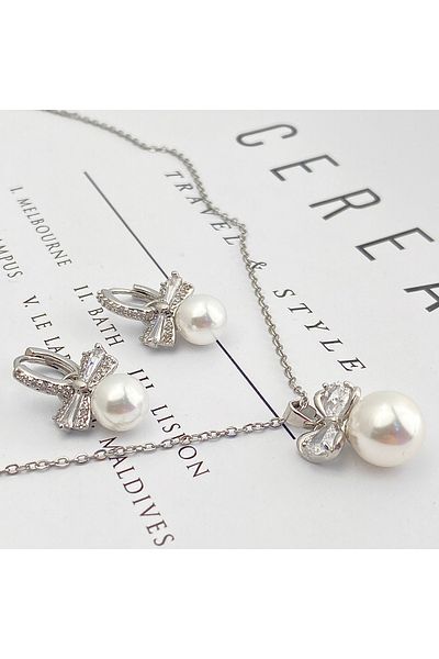 Kyver Women's Necklace Earring Set Bow Pearl Necklace Earrings Zircon Stone Silver 45cm
