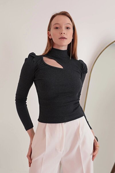 Genel Markalar Kaşkorse Kumaş Karpuz Kol Pencereli Kadın Bluz-Antrasit