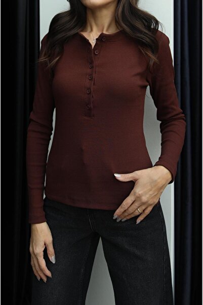 Havoş Καφέ μπροστινή μακρυμάνικη μπλούζα με έξι κουμπιά