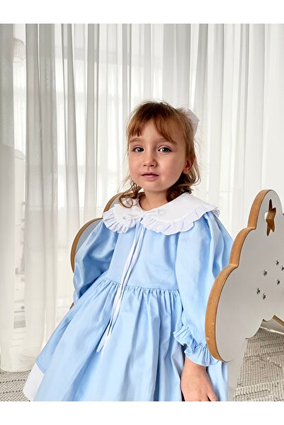 Baby Berry Baby store Kız Bebek Çocuk Bebe Yakalı Fiyonklu Elbise-Mavi (Fiyonk Çıkarılabilir)