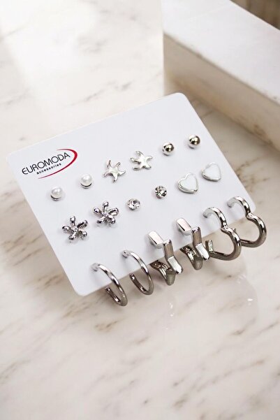 EUROMODA Yıldız Çiçek ve Kalp Tasarımlı Kalp ve Yıldız Halka Küpeli Zirkon Top ve İnci Küpeli 9lu Küpe Seti