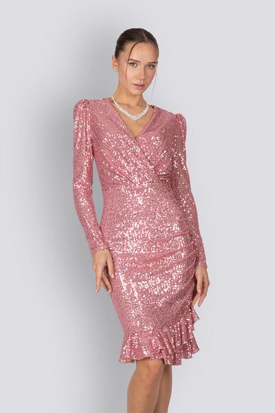 HOX'S Adriana Mini Sequin Βραδινό Φόρεμα - Διπλό λαιμόκοψη και ντραπέ Basen, Μακρυμάνικο - Πούδρα
