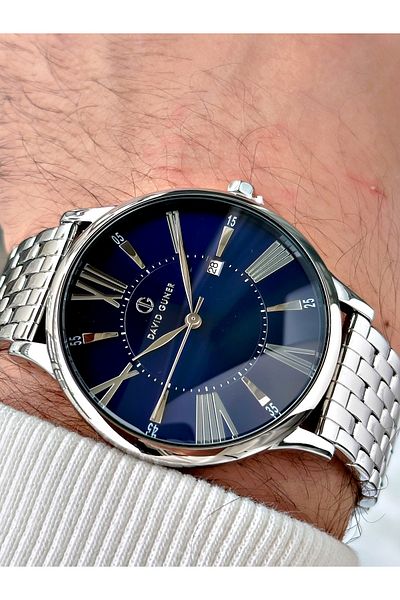DAVID GUNER Custom Design Silver-Navy Color Steel Band Men's Wrist Watch 8206A3