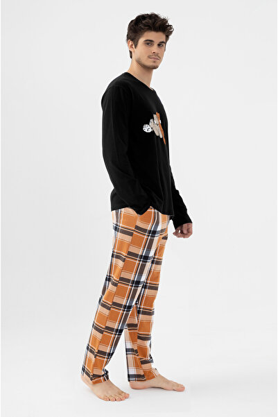 koza iç giyim Ανδρικό σετ πιτζάμες με μακρυμάνικο αρκουδάκι με εμπριμέ καρό κάτω μέρος με λεπτομέρεια