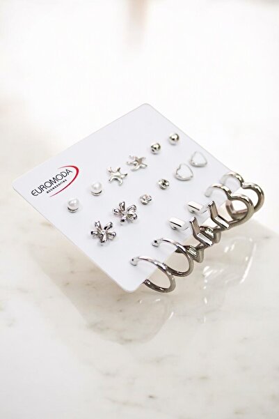 EUROMODA Yıldız Çiçek ve Kalp Tasarımlı Kalp ve Yıldız Halka Küpeli Zirkon Top ve İnci Küpeli 9lu Küpe Seti