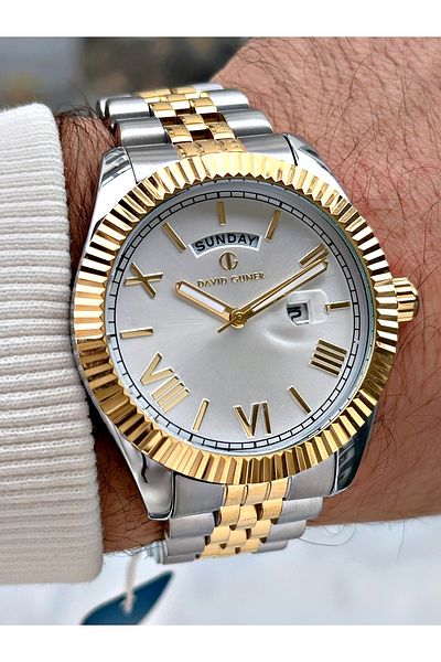 DAVID GUNER Men's Wrist Watch Dg.02 - Special Design, Silver-Gold Color, Steel Band