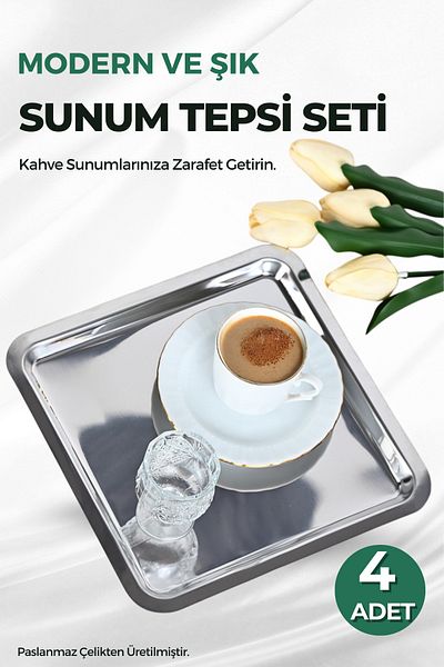 FİTHOME Set of 4 Stainless Steel Square Coffee Presentation Tray