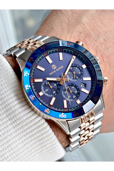 DAVID GUNER Function Dark Blue-Copper Color Steel Band Men's Wrist Watch 8666E3