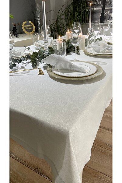 Decamor home Silver Glitter White Linen Textured Carefree Tablecloth