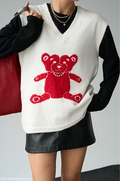 Lupies Women's Cream V-Neck Teddy Bear Stone Sweater