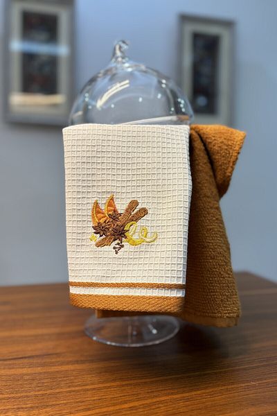 Sevim Set of 2 Kitchen Towels - Orange & Cinnamon Embroidered Drying Cloths - 40X60 cm