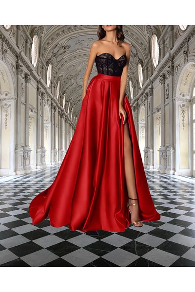 HSNLİFE Red Slit Detail Satin A-Line Pleated Evening Dress Skirt