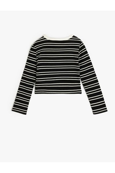 Koton Heart Detailed Striped Crew Neck Black Girl's Sweatshirt 5Skg10161Ak