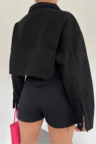 TOFİSA Straight Medium Women's Black Pocket Short Denim Jacket - 26582