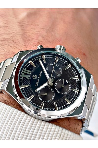 DAVID GUNER Function Silver-Black Color Steel Band Men's Wrist Watch 8410A2
