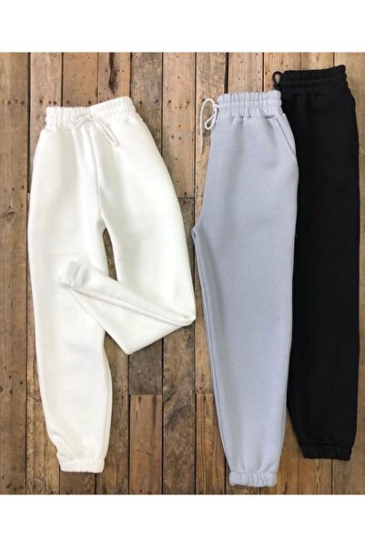 FİTGO 3 Thread White-Grey-Black Women's Rubber Leg Sweatpants