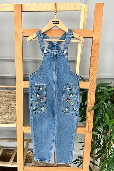 Minigimin Cicileri Unisex Children's Denim Salopet with Character Print Detail, Blue