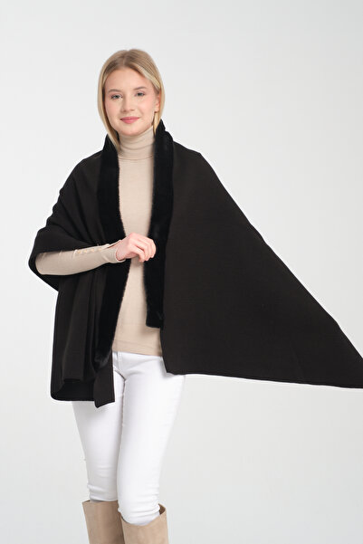 Wega Moda Kürklü Omuz Şalı, Kürk Detaylı Şık Rahat Omuz Şalı, Kürk Detaylı Triko Omuz Şalı, Kadın Omuz Şalı.